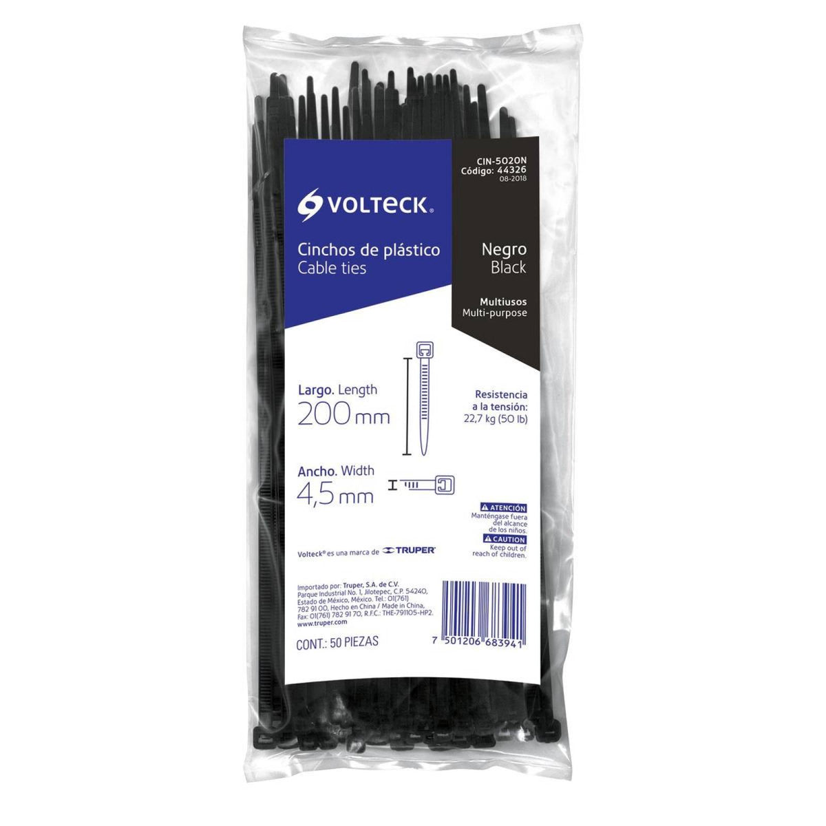 CINCHO PLÁSTICO 20CM - 23KG (50 LB) NEGRO