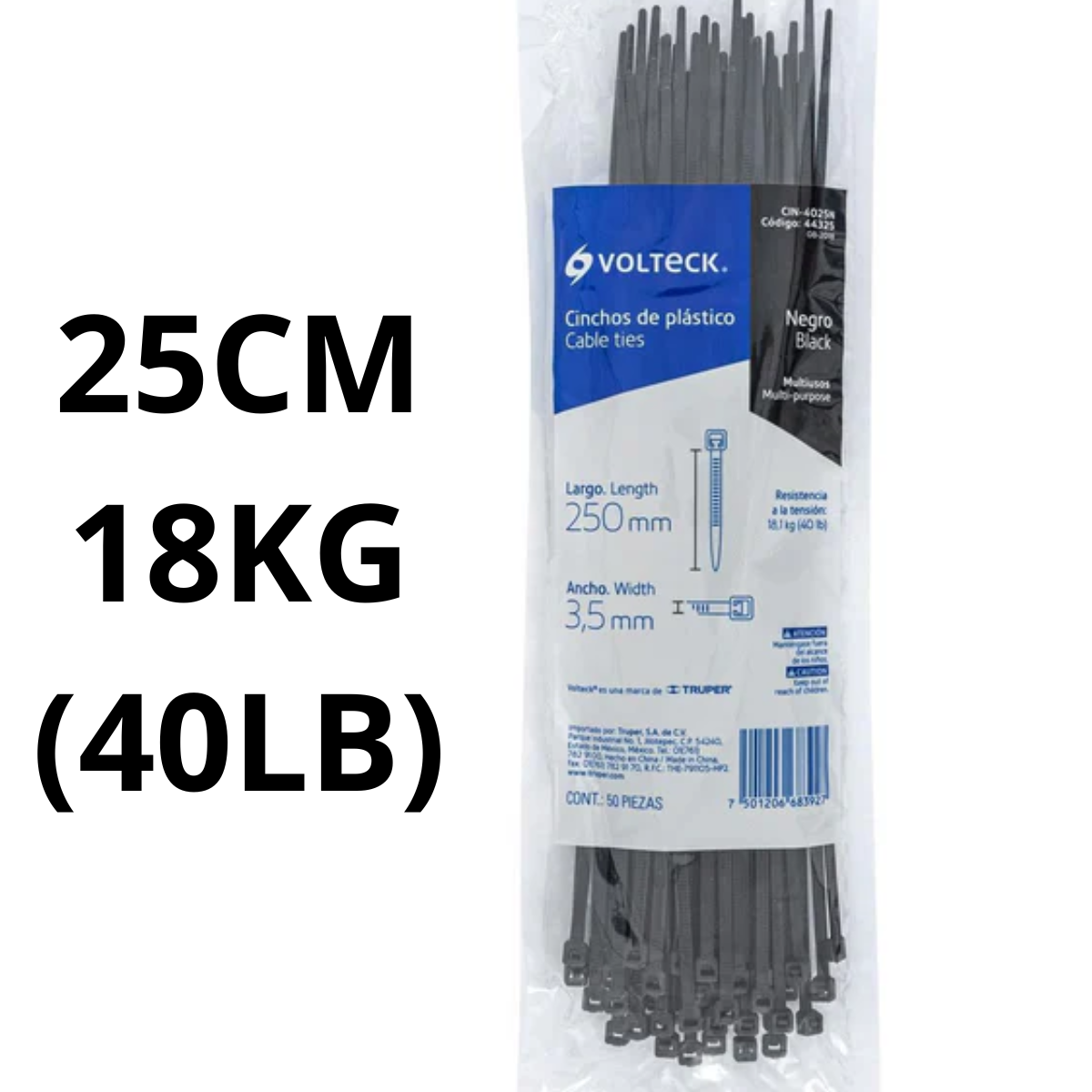 CINCHO PLÁSTICO 25CM - 18KG (40 LB) NEGRO
